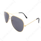 Angled profile of US pilot sunglasses showing gold temples, black ear tips, and clear nose pads