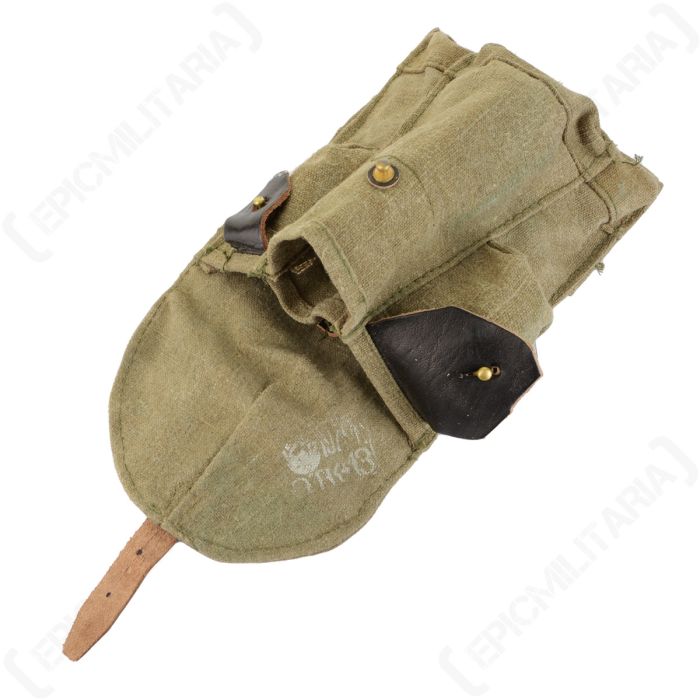 Internal view of Soviet Russian AK74 pouch showing 4 mag cells and military ink stamps