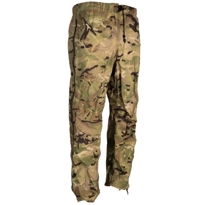 Three-quarter view of British Army lightweight MTP rain trousers in Multi-Terrain Pattern