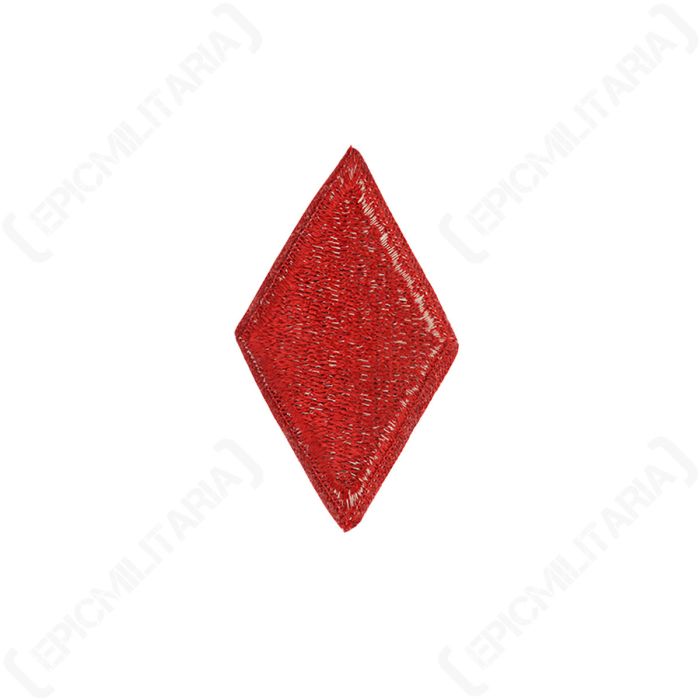 Close up view of red stitching on US Army 5th Infantry Red Diamond insignia
