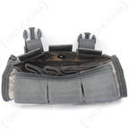 Top view into internal compartments of US military triple ammo pouch showing elastic retention loops