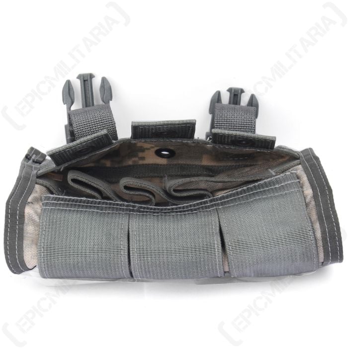 Top view into internal compartments of US military triple ammo pouch showing elastic retention loops