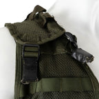 Detailed view of the padded adjustable shoulder strap buckle on the mesh backing