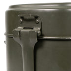 Close-up detail of the metal latch mechanism and folding handle on the genuine Austrian military surplus mess tin set.