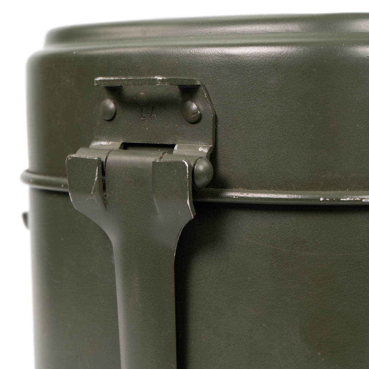 Close-up detail of the metal latch mechanism and folding handle on the genuine Austrian military surplus mess tin set.