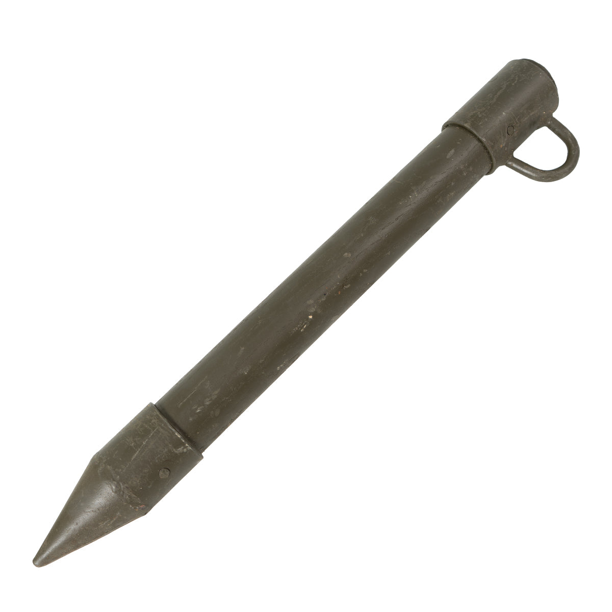Angled full view of a 40cm genuine German military wooden tent peg showing its durable construction and steel hardware.