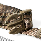 Tan plastic side-release buckle attached to the 30mm MTP camouflage webbing, showing high-quality construction.