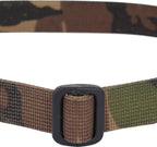 Detailed close-up of the rear side of the black plastic buckle on a genuine Dutch woodland camo webbing strap.