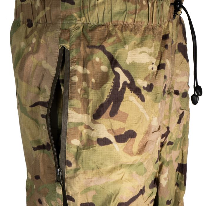 Close-up of side pocket pass-through zipper on British Army MTP waterproof trousers