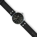 Full flat view of the WW2 German Luftwaffe aviator service watch on black riveted leather strap