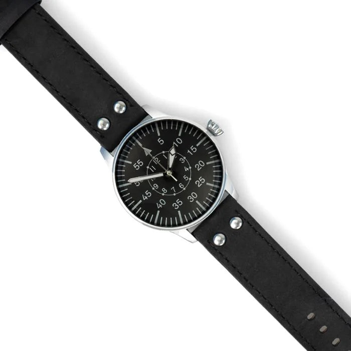 Full flat view of the WW2 German Luftwaffe aviator service watch on black riveted leather strap