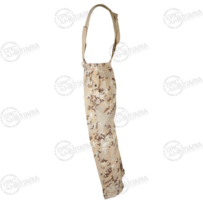 Side profile view of Italian military desert camo waterproof overtrousers showing leg cut and braces