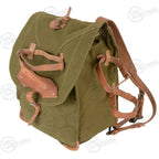 Side view of the Romanian Army canvas backpack showing the side pouch and leather utility straps