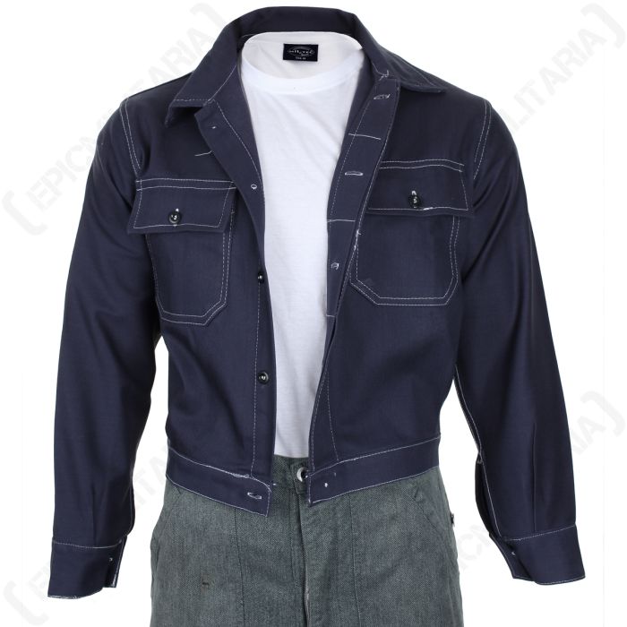 Original Italian short work jacket unbuttoned over t-shirt showing casual trucker fit