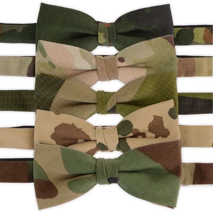 Stack of five pre-tied camouflage bow ties in various military camo patterns