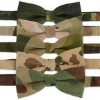 Stack of five pre-tied camouflage bow ties in various military camo patterns