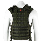 Back view of ex-military Dutch MOLLE combat vest featuring robust drag handle and full modular webbing