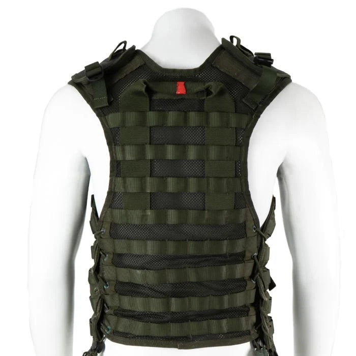 Back view of ex-military Dutch MOLLE combat vest featuring robust drag handle and full modular webbing