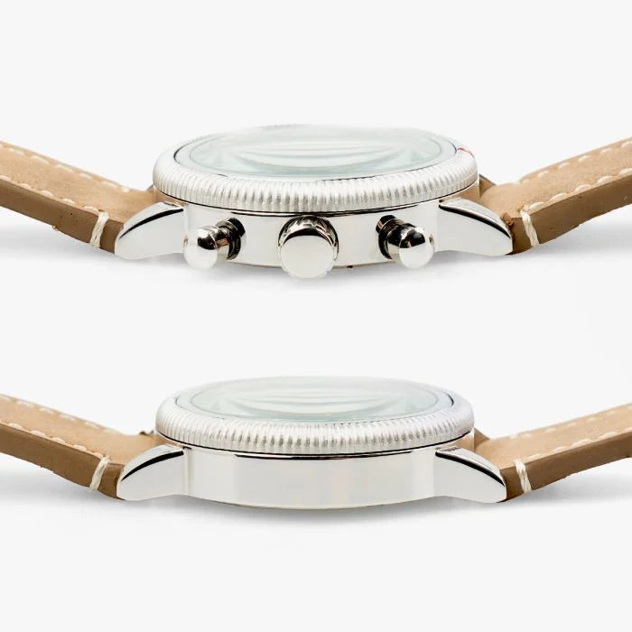 Side profile view highlighting the polished watch case, pushers, and knurled crown