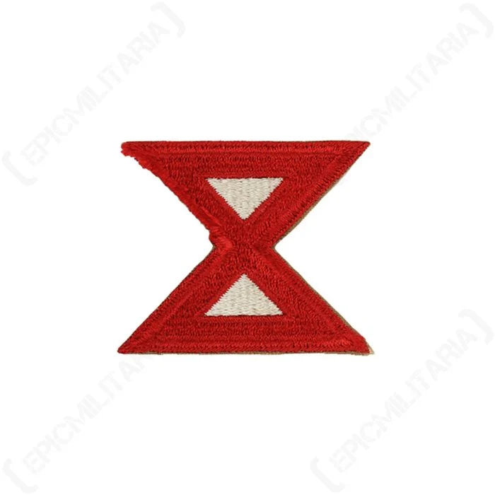 Front view of original WWII US 10th Army embroidered shoulder patch with red and white Roman numeral X insignia