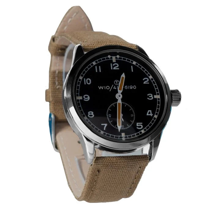 Angled perspective of the Dirty Dozen British military service watch showing the polished case and dial