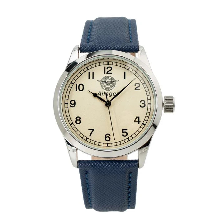 Front view of British RAF pilot watch showing cream dial with RAF motto and blue textured strap