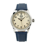Front view of British RAF pilot watch showing cream dial with RAF motto and blue textured strap