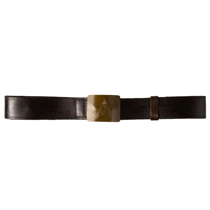 Front view of the dark brown Soviet webbing belt showing the olive-drab star buckle and slider keeper.