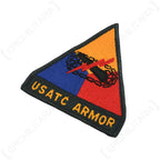Angled detail view showing embroidery stitching on USATC Armor patch