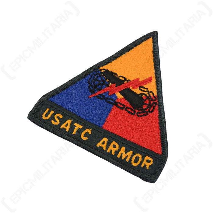 Angled detail view showing embroidery stitching on USATC Armor patch