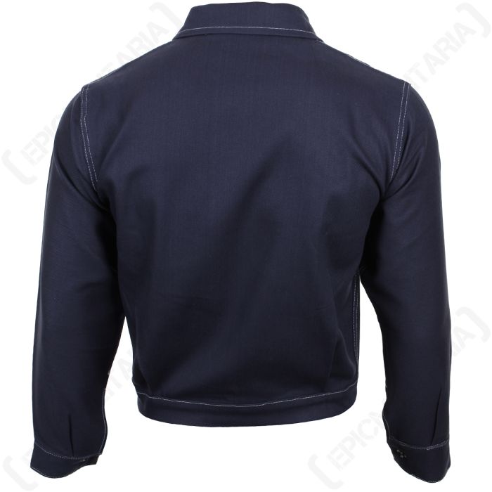 Rear view of navy blue Italian work jacket showing white seam stitching