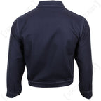 Rear view of navy blue Italian work jacket showing white seam stitching