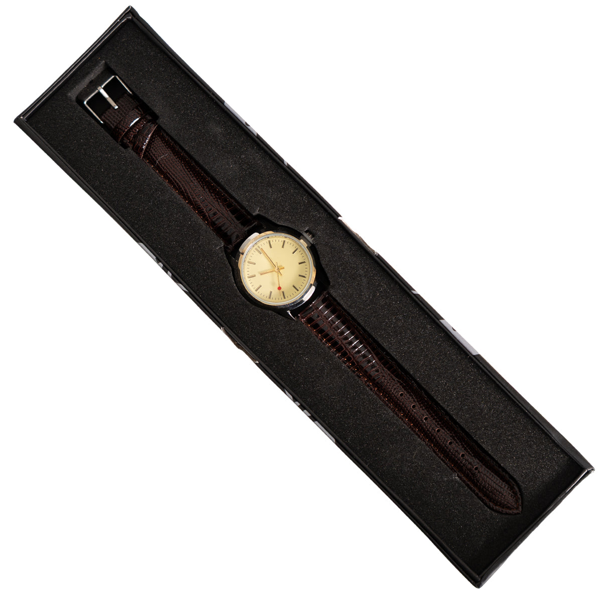Eaglemoss 1970s Chinese Army Officer watch displayed inside its black presentation box with a protective foam insert.