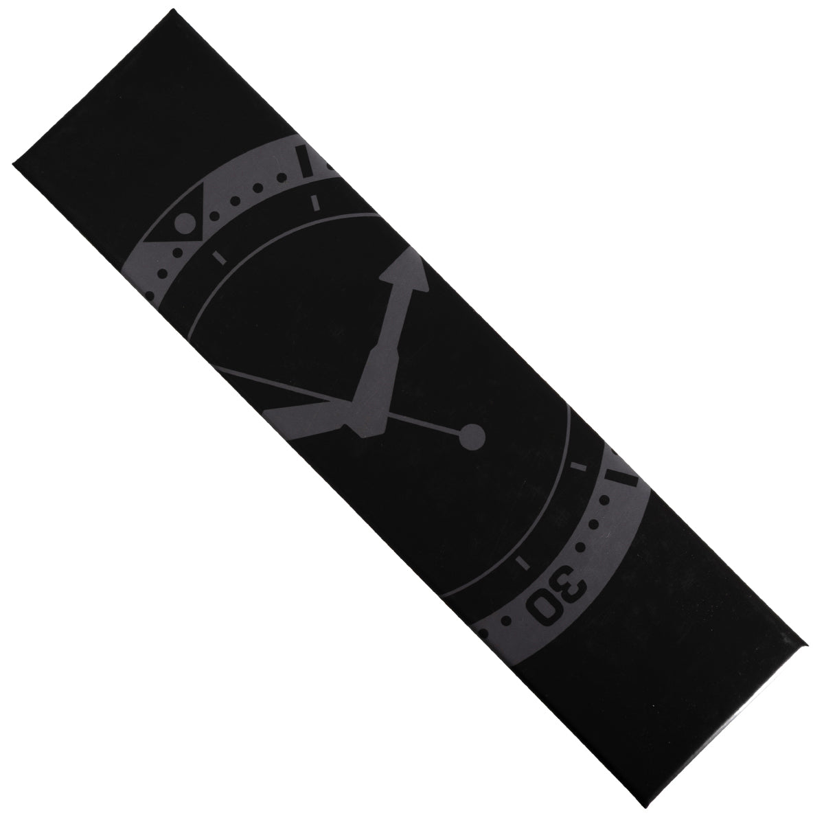 Diagonal close-up of the black collector box packaging, decorated with a stylized gray graphic of an aviation watch face.