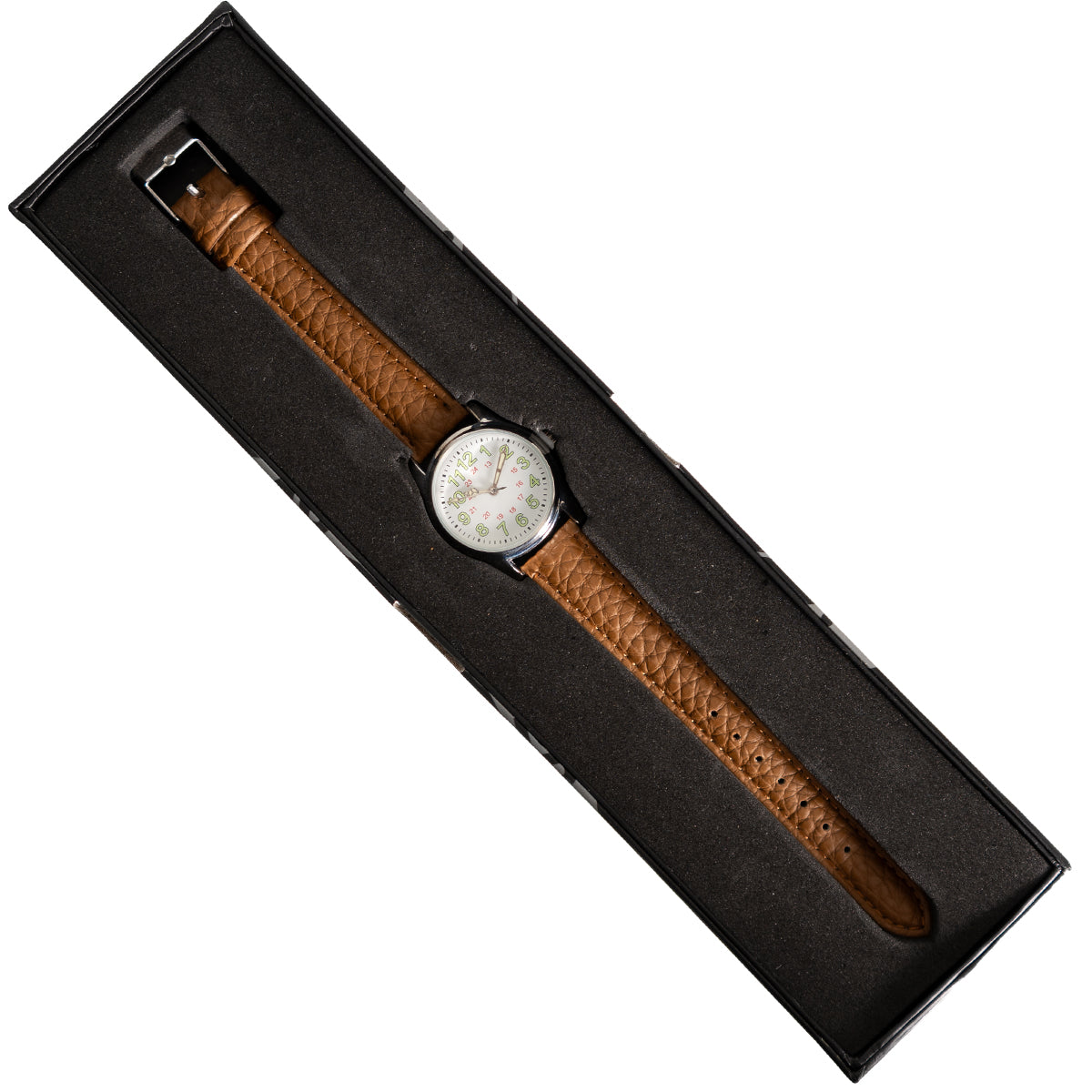 Vintage reproduction wristwatch neatly displayed inside its black protective presentation box with a dedicated foam cutout.