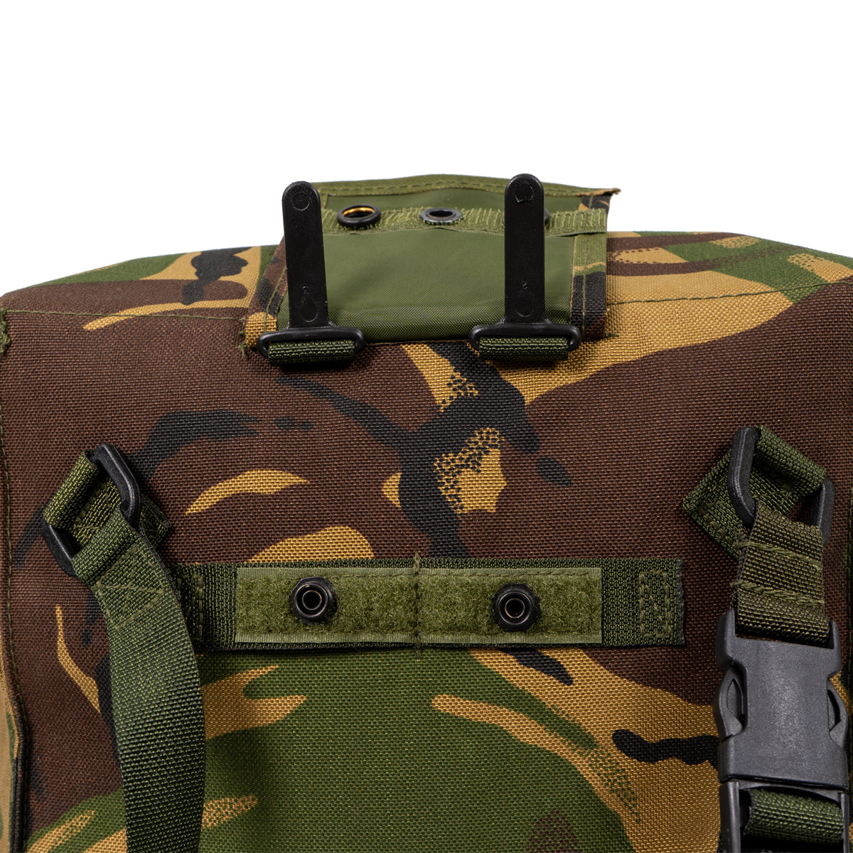 Close-up of the upper rear mounting system with durable T-bars for secure attachment to standard 57mm military belts.