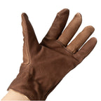 Palm-side view of a soft brown leather glove for women, showing the reinforced stitching and durable construction of the surplus item.