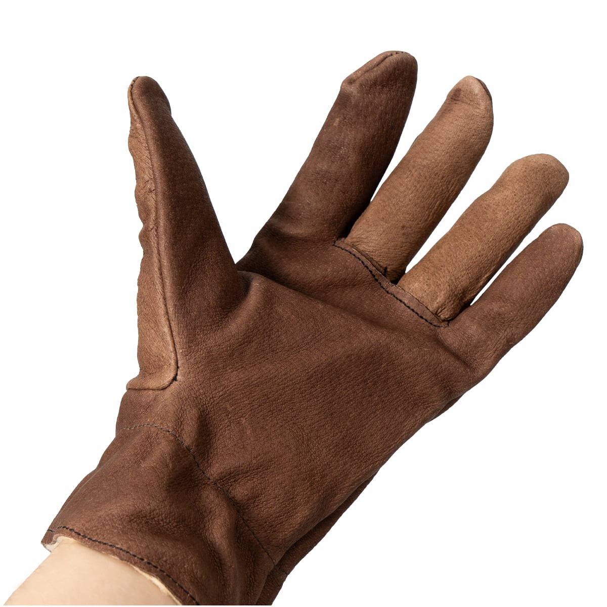 Palm-side view of a soft brown leather glove for women, showing the reinforced stitching and durable construction of the surplus item.