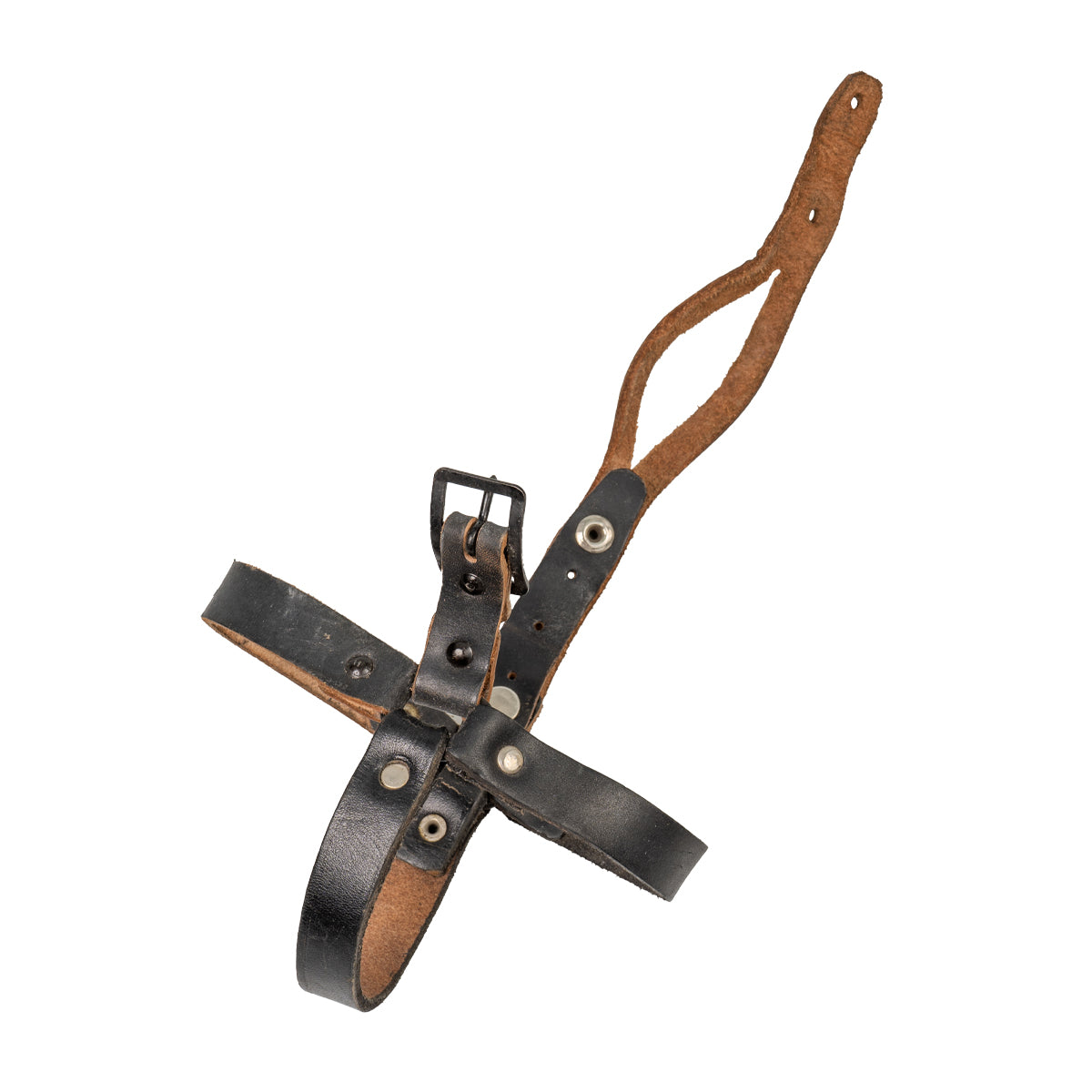 Adjustable black leather strap assembly with metal buckle and rivets for securing a Czech M60 military water bottle.