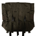 Dark green backpack with multiple straps on a white background