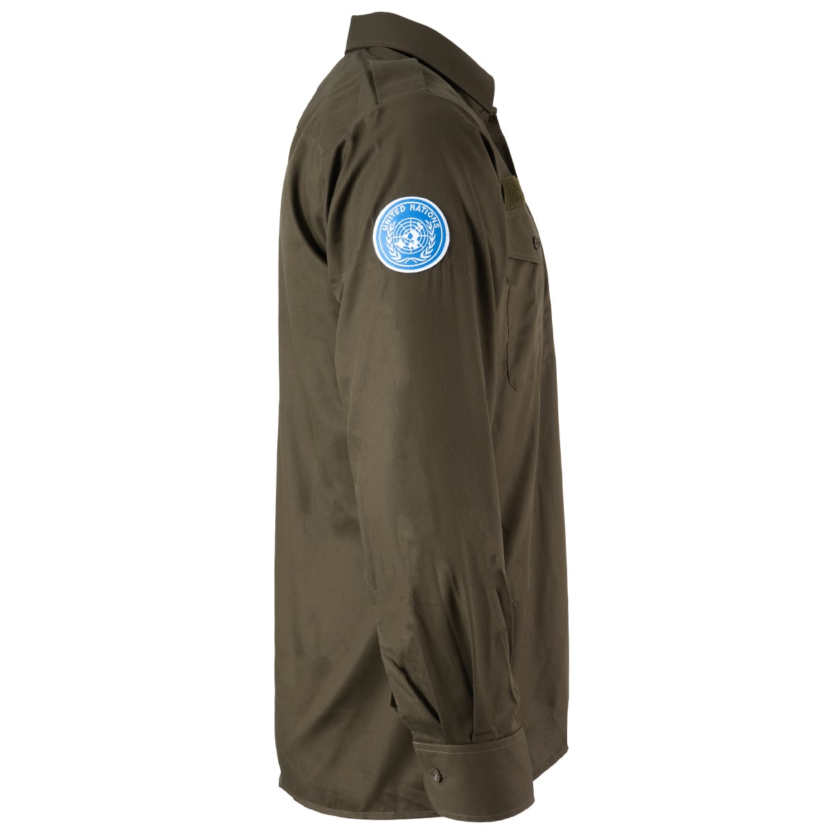 Side profile of the Austrian Army field shirt displaying the blue circular United Nations peacekeeping insignia patch.