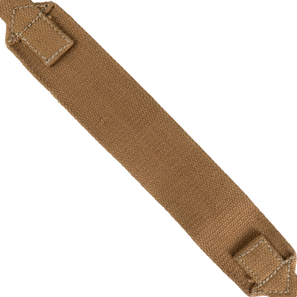 Angled view of a single British Army 37 pattern webbing strap highlighting the durable canvas fabric and reinforced stitching.