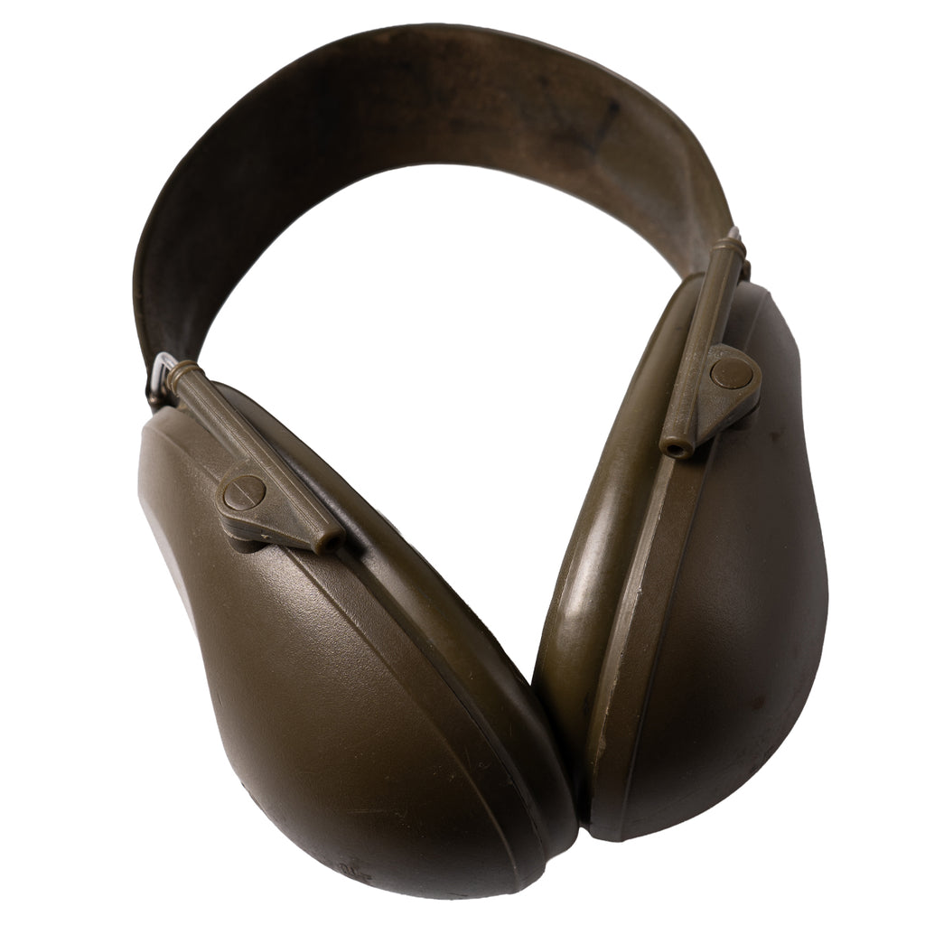 Angled side view of British military issue Peltor H61FA ear defenders, showcasing the durable olive green plastic housing and adjustable headband structure.