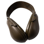 Angled side view of British military issue Peltor H61FA ear defenders, showcasing the durable olive green plastic housing and adjustable headband structure.
