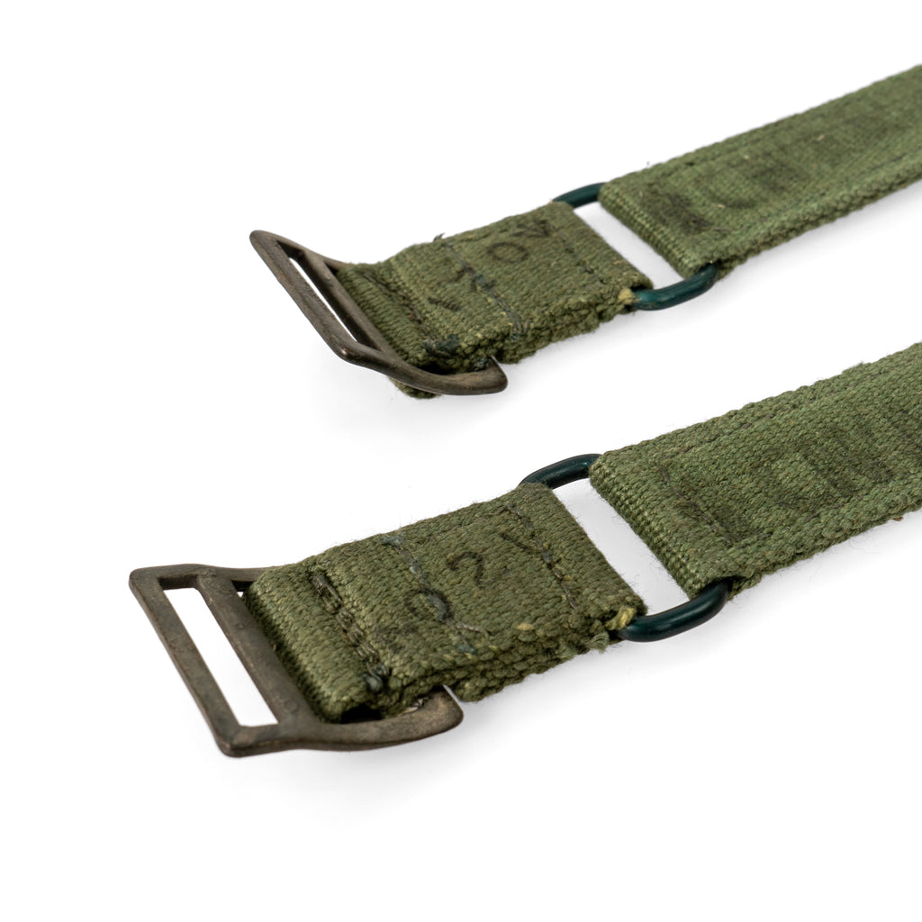 Close-up of the adjustable metal buckle system on the genuine British Army 44 Pattern webbing brace extenders.