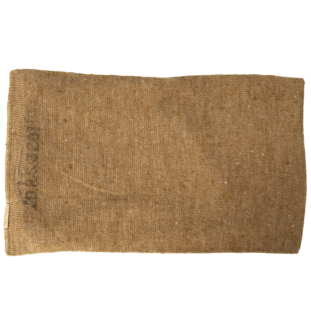 A full-length view of the rectangular British Army cap comforter made of heavy brown wool.