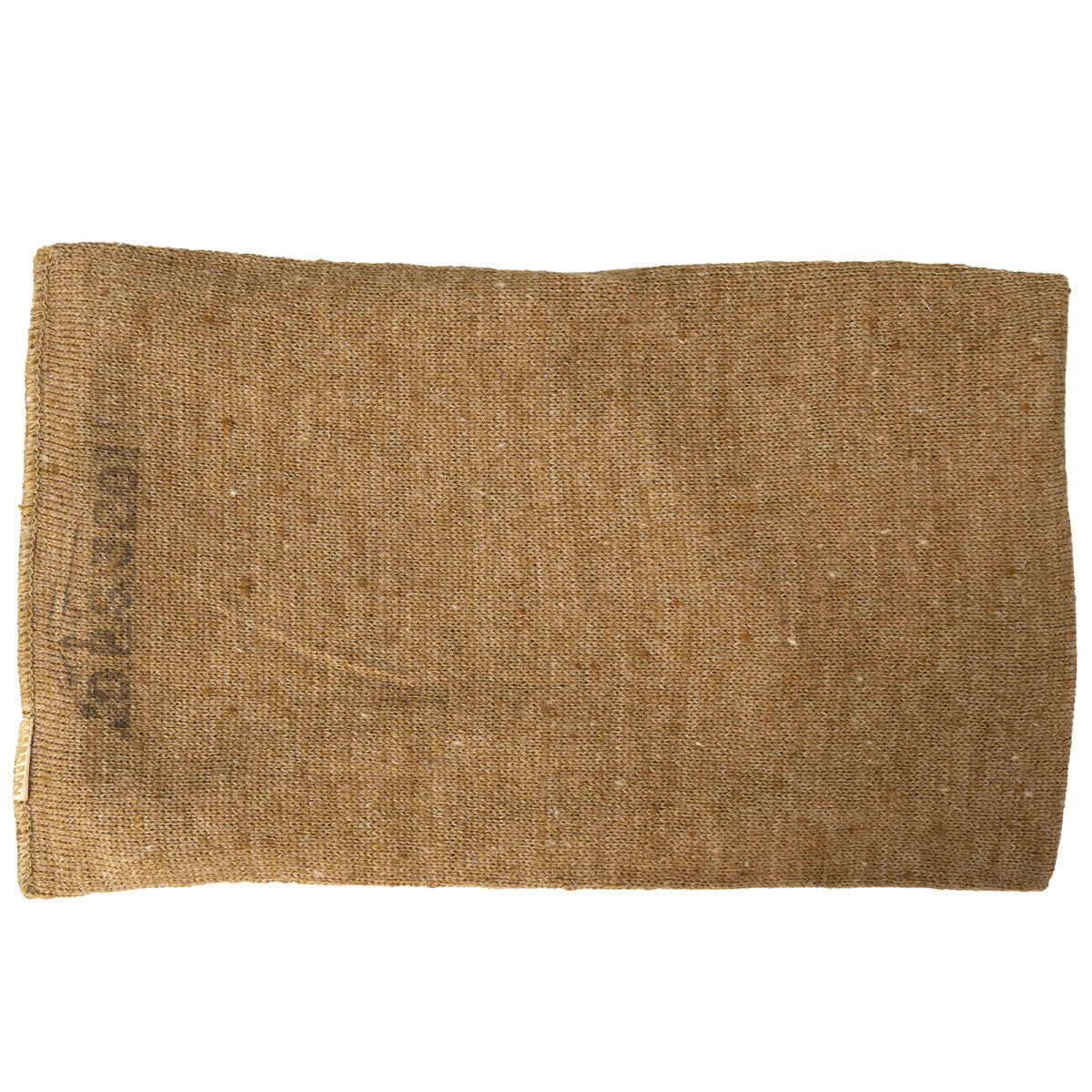 A full-length view of the rectangular British Army cap comforter made of heavy brown wool.