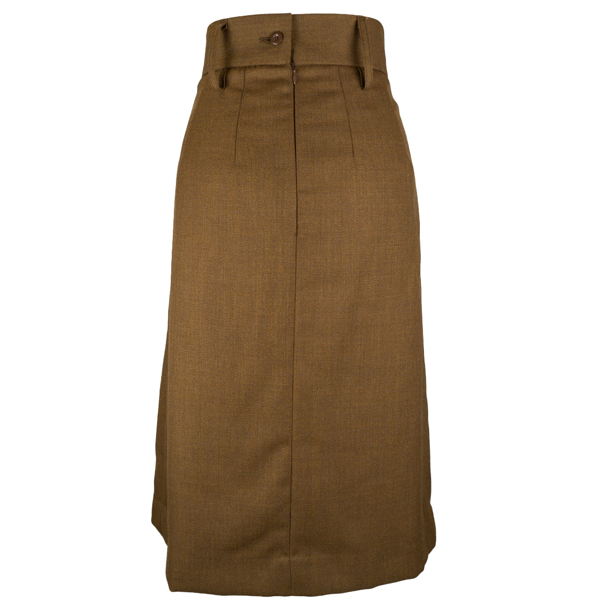 Close-up of the rear waistband on the British Army Barrack Dress Skirt featuring a secure button closure and sturdy belt loops.