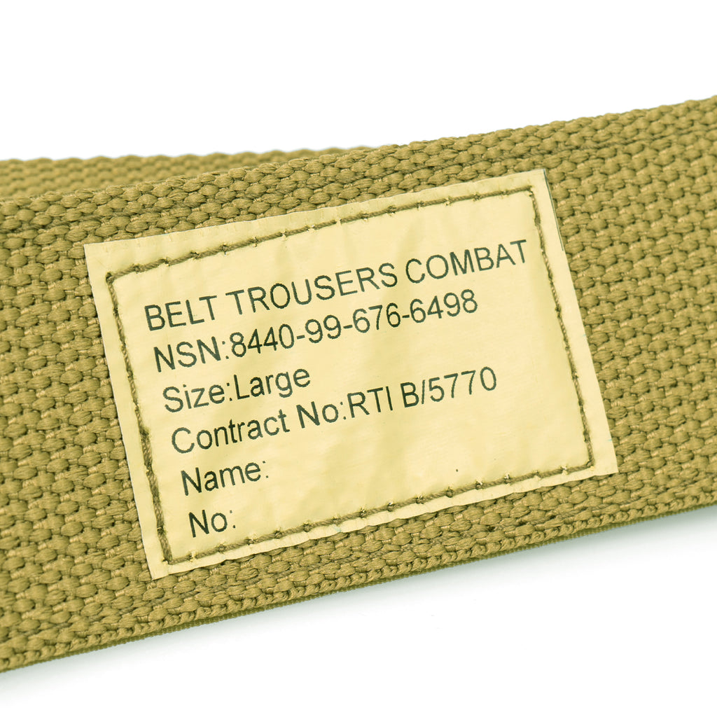 Close-up of the military specification label on a British Army webbing belt featuring text for Belt Trousers Combat and NSN details.