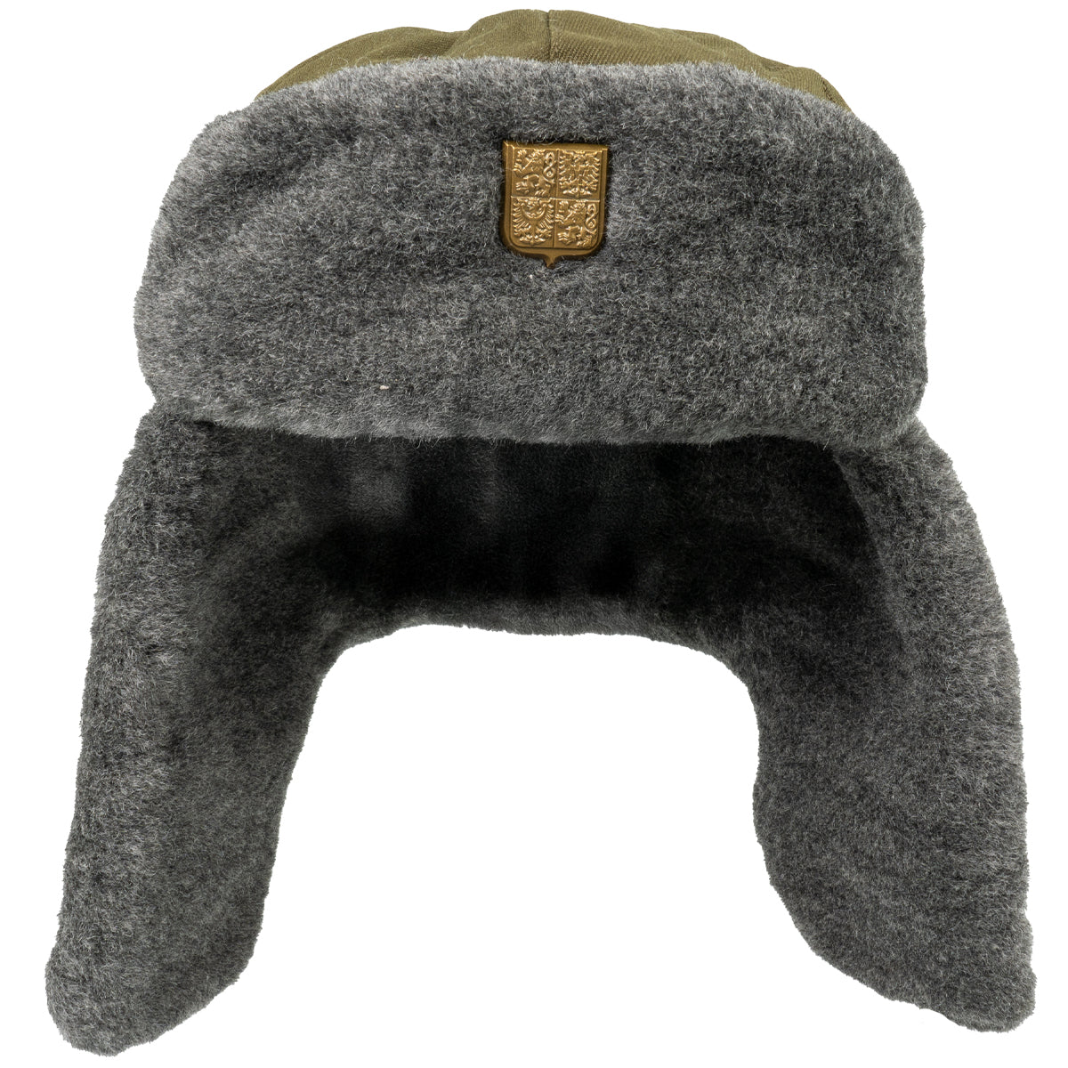 Front view of the Cold War era Czech Army Ushanka showcasing the thick grey faux fur lining and signature golden military badge.